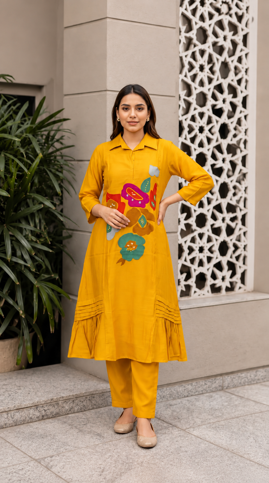 B2054 Mul Chanderi Co-ord Set(MUSTARD YELLOW)