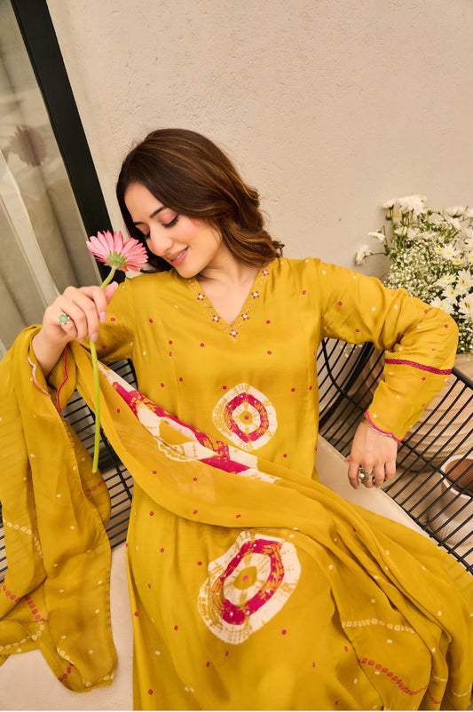 B2024 Mustard Yellow Pure Muslin Handcrafted Suit Set