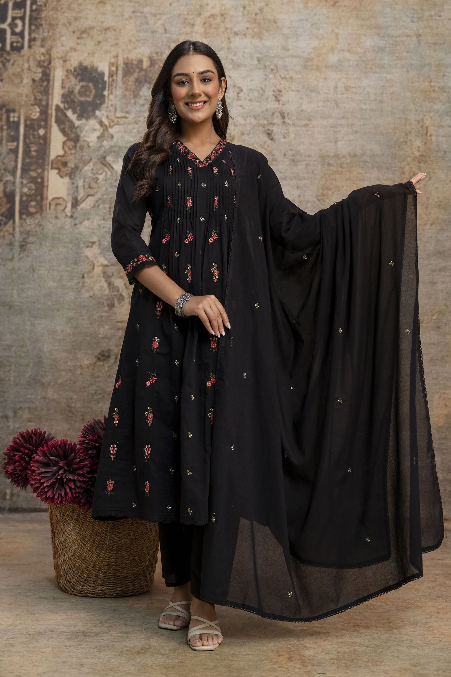 A1773 Embroidered Mul Cotton Suit(BLACK)