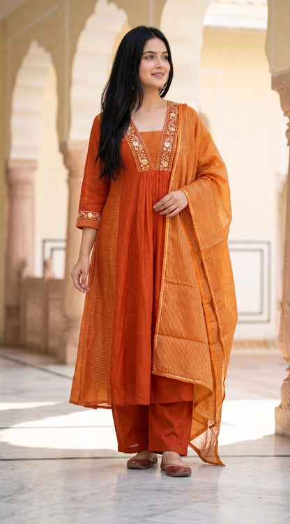 B2059 Rust Aura Crushed Mul Chanderi Suit Set