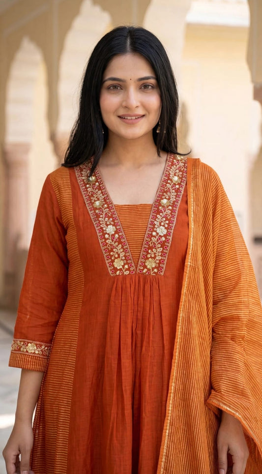B2059 Rust Aura Crushed Mul Chanderi Suit Set