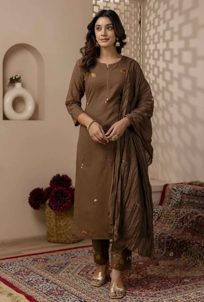 A1770 Pure Cotton Hand Embroidered Suit(COFFEE BROWN)