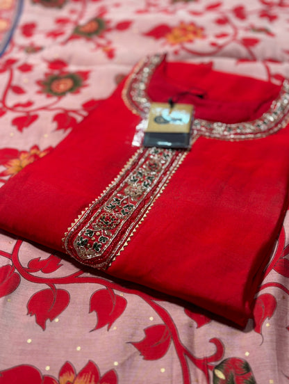 Stunning Party Wear with Beautiful Handwork With Beautiful Jal Floral Printed Dupatta (RED)