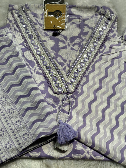 Pure Cotton Suit with Mirror Work and Beautiful Tassle on Neckline