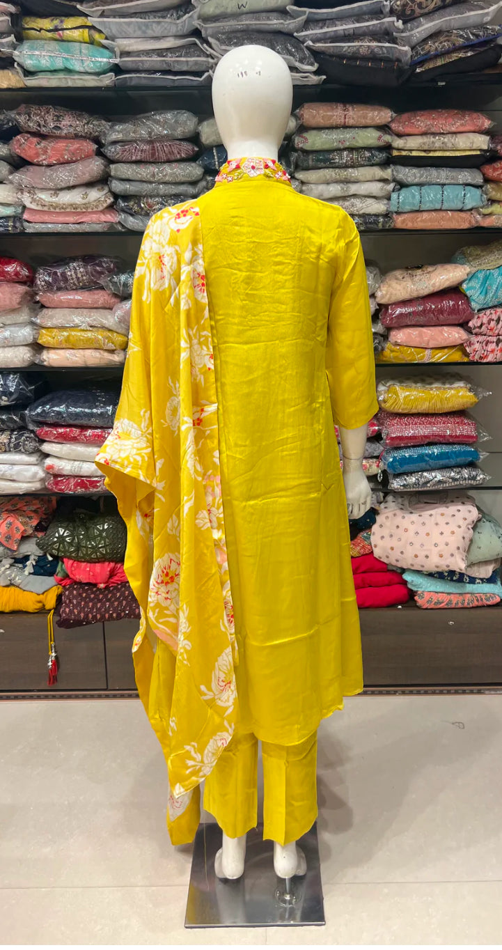 Chinnon Threadwork Aline Kurti with pants and Floral dupatta