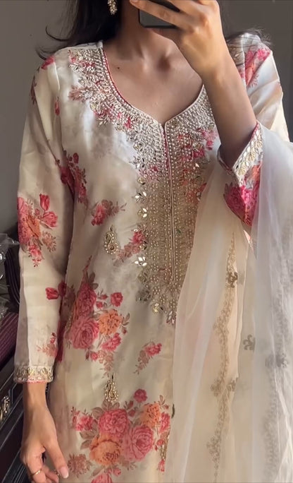 Beautiful Off White Kundan Organza Suit