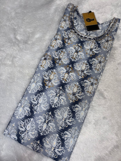 Hand Block Printed Three piece Pure Cotton Suit With Real Mirror Work