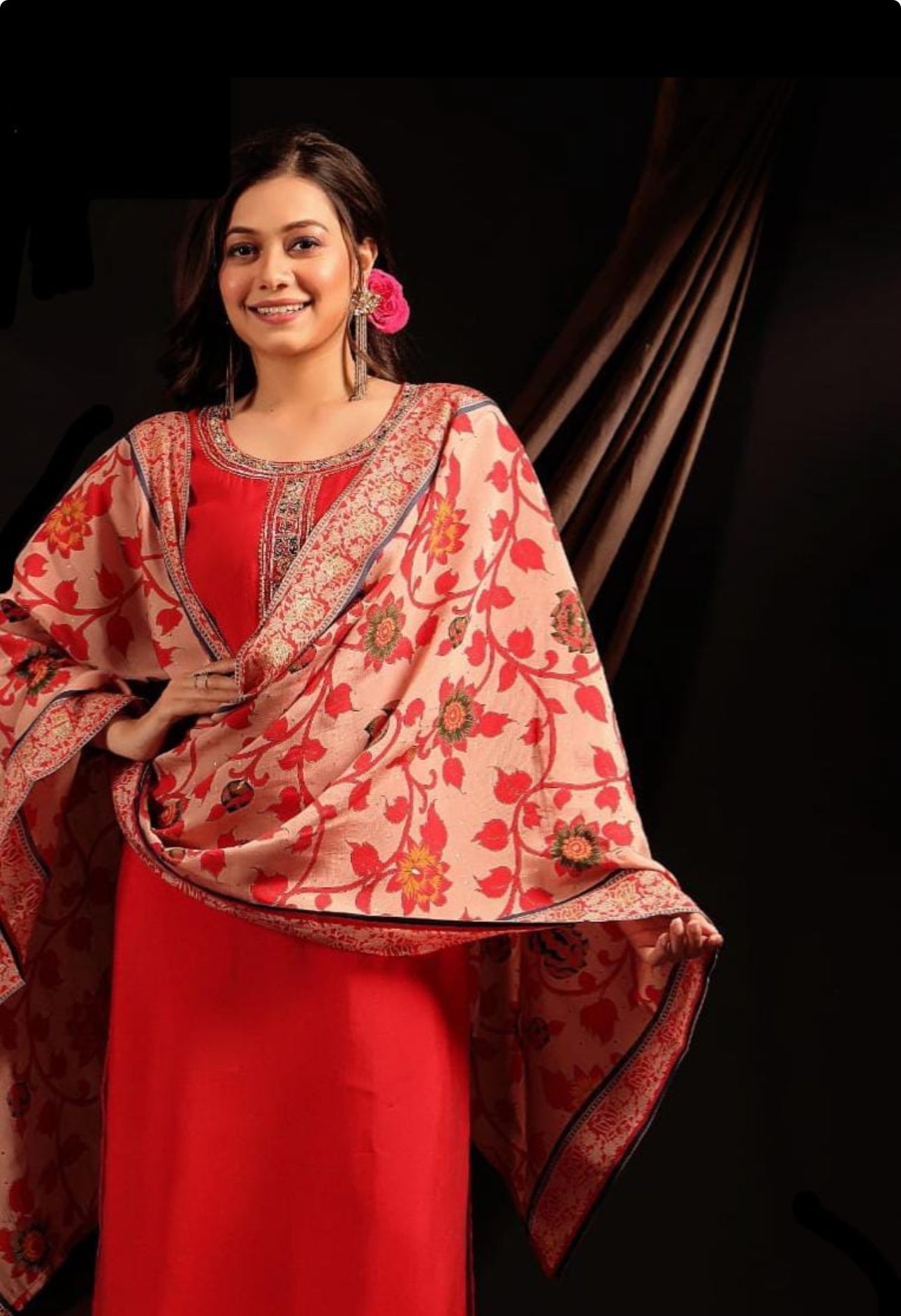 Stunning Party Wear with Beautiful Handwork With Beautiful Jal Floral Printed Dupatta (RED)