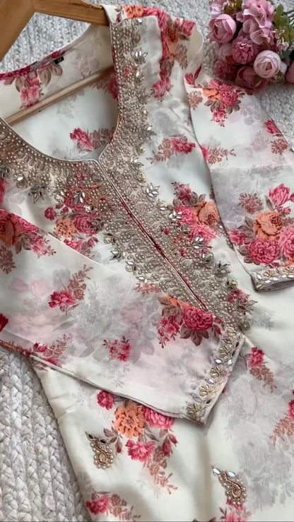 Beautiful Off White Kundan Organza Suit