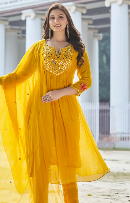 Pure Mul Chanderi mirror work Anarkali Suit