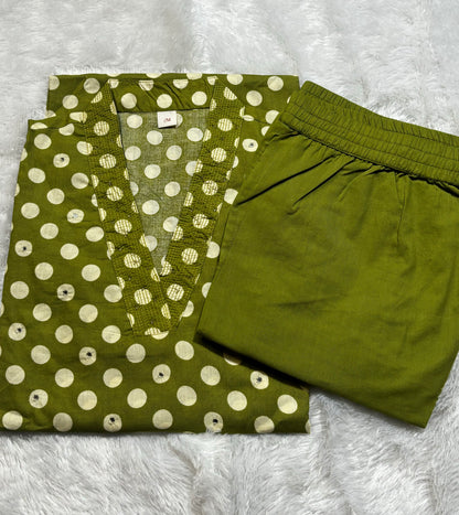 PURE COTTON POLKA DOT TWO PIECE SET(OLIVE GREEN COLOUR)