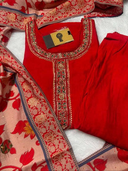 Stunning Party Wear with Beautiful Handwork With Beautiful Jal Floral Printed Dupatta (RED)