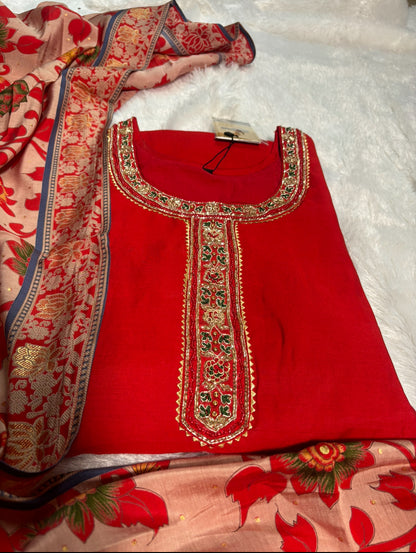 Stunning Party Wear with Beautiful Handwork With Beautiful Jal Floral Printed Dupatta (RED)