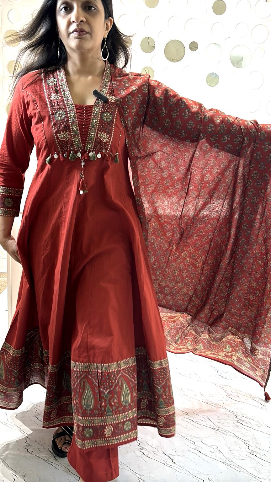 A1806 Royal Rust Cotton Anarkali Suit Set