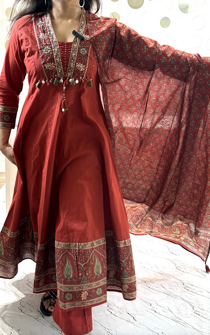A1806 Royal Rust Cotton Anarkali Suit Set