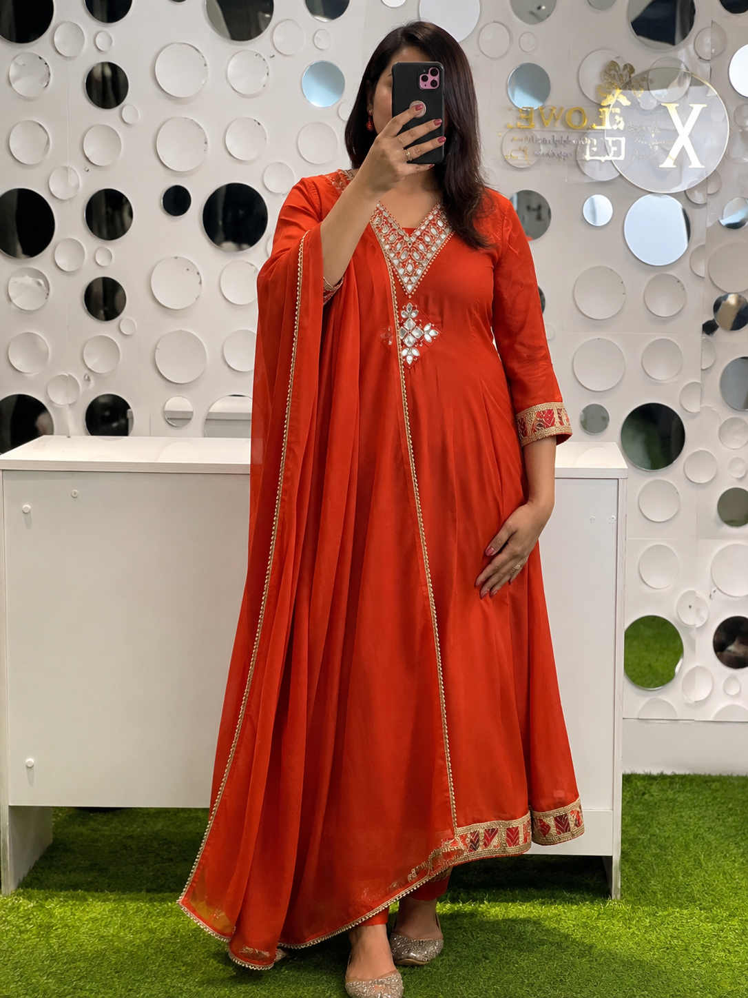 A1828 Noor Mulmul Cotton Anarkali Suit Set(RUST ORANGE)