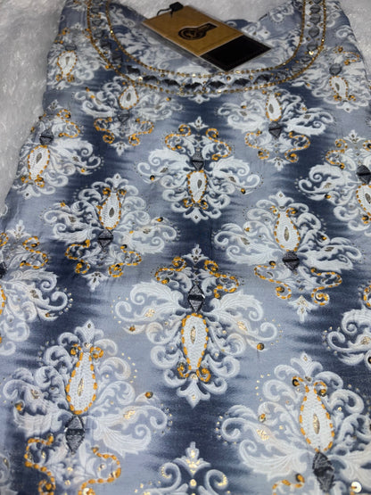 Hand Block Printed Three piece Pure Cotton Suit With Real Mirror Work