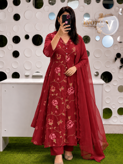 A1843 Panel Embroidered Mulmul Cotton Suit (MAROON RED)