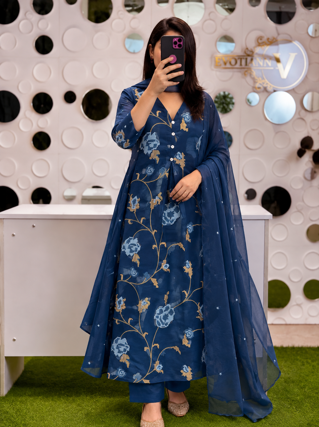 A1844 Panel Embroidered Mulmul Cotton Suit (NAVY BLUE)