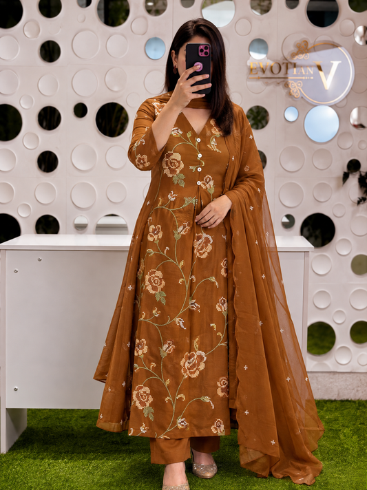 A1845 Panel Embroidered Mulmul Cotton Suit (RUST ORANGE)