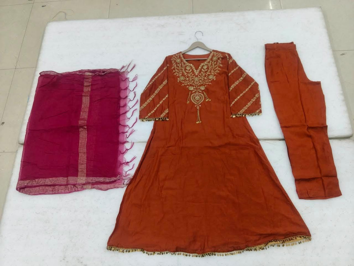 B2061 Banarasi Mul Chanderi Party Wear Suit Set (RUST ORANGE)