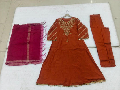 B2061 Banarasi Mul Chanderi Party Wear Suit Set (RUST ORANGE)