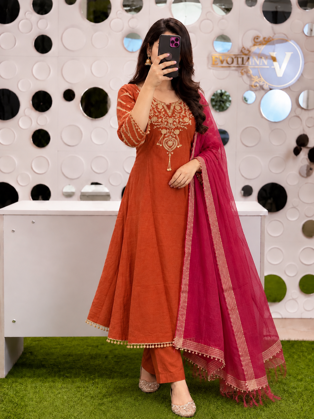 B2061 Banarasi Mul Chanderi Party Wear Suit Set (RUST ORANGE)