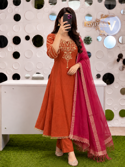 B2061 Banarasi Mul Chanderi Party Wear Suit Set (RUST ORANGE)