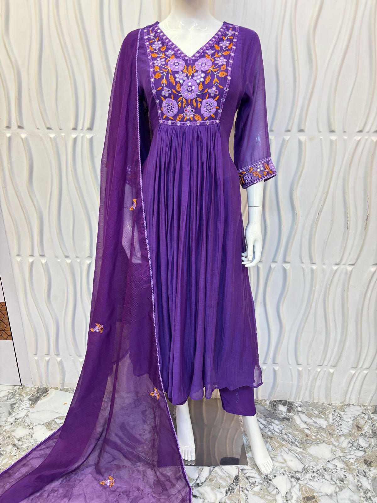 B2351 Mul Chanderi Embroidered Suit