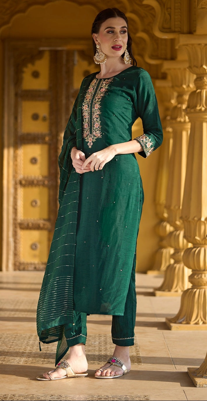 Party wear Suit with Embroidered Yoke with Cutdana, Sequins and Pearls Handwork