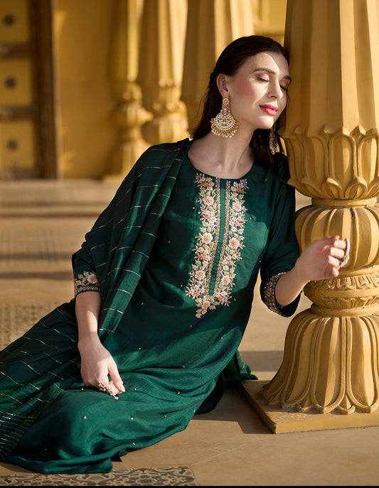 Party wear Suit with Embroidered Yoke with Cutdana, Sequins and Pearls Handwork