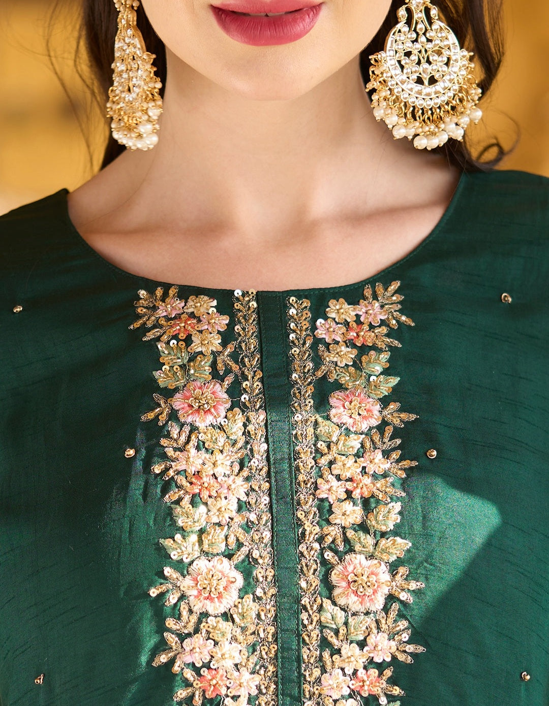 Party wear Suit with Embroidered Yoke with Cutdana, Sequins and Pearls Handwork