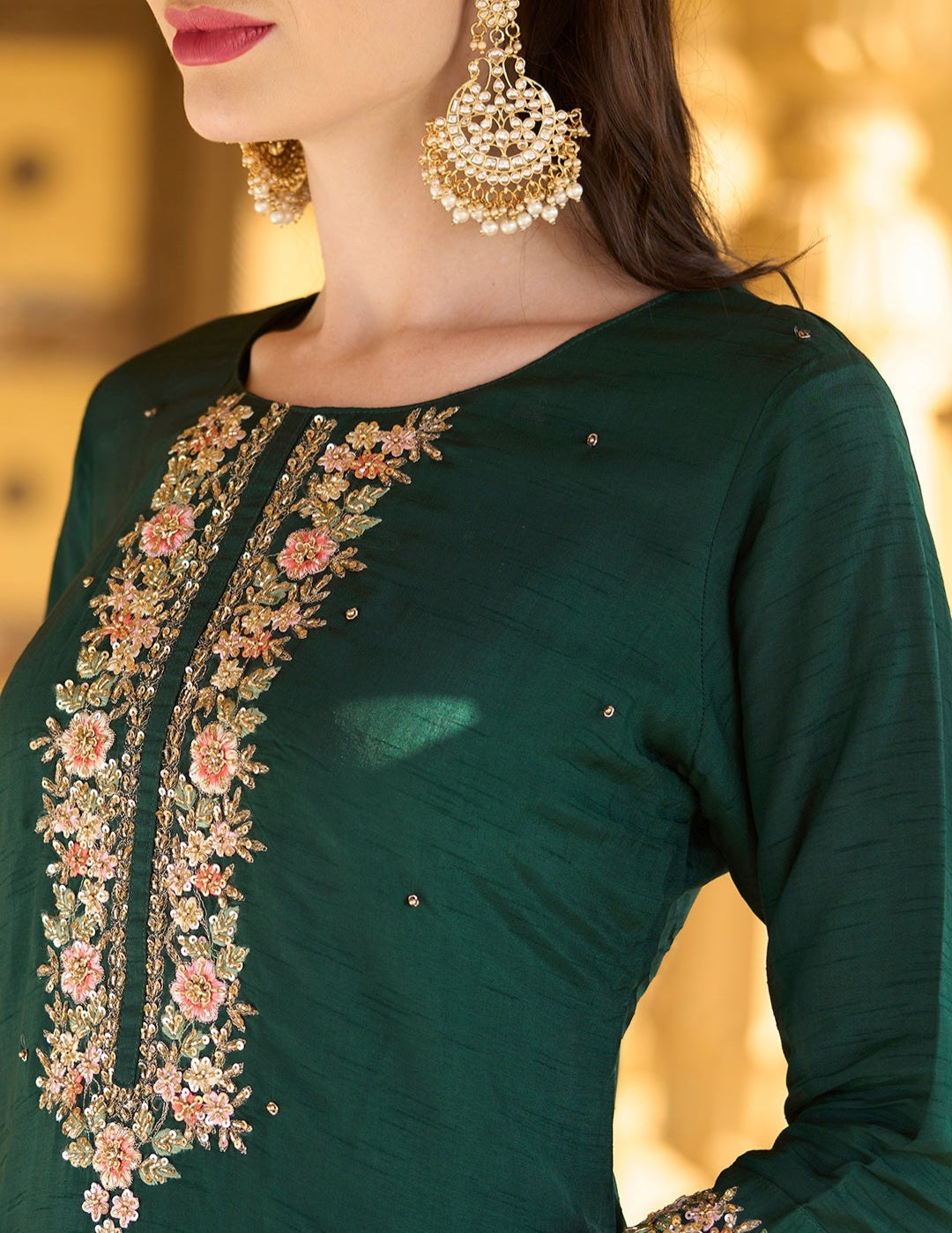 Party wear Suit with Embroidered Yoke with Cutdana, Sequins and Pearls Handwork