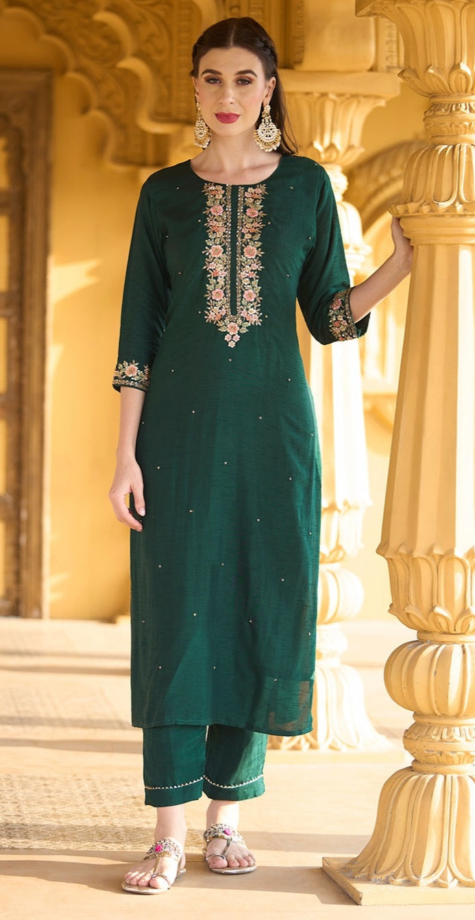 Party wear Suit with Embroidered Yoke with Cutdana, Sequins and Pearls Handwork