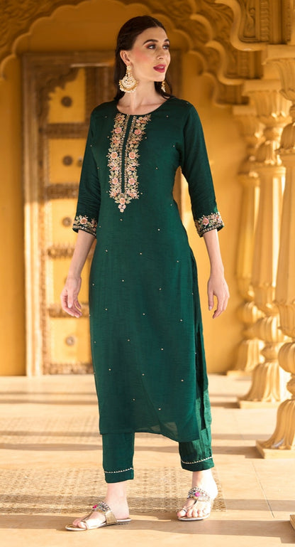 Party wear Suit with Embroidered Yoke with Cutdana, Sequins and Pearls Handwork