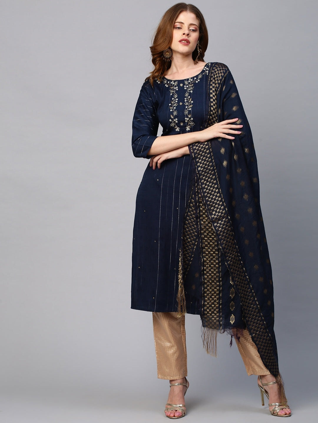 Floral Embroidered Lurex Stripes Kurta With Dupatta