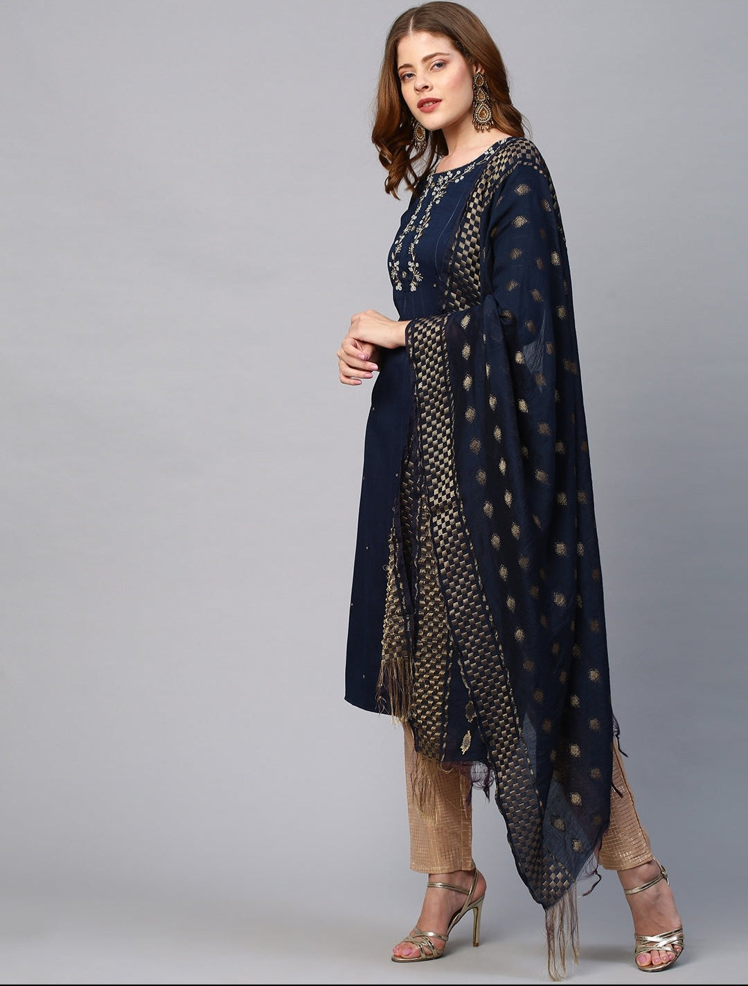 Floral Embroidered Lurex Stripes Kurta With Dupatta