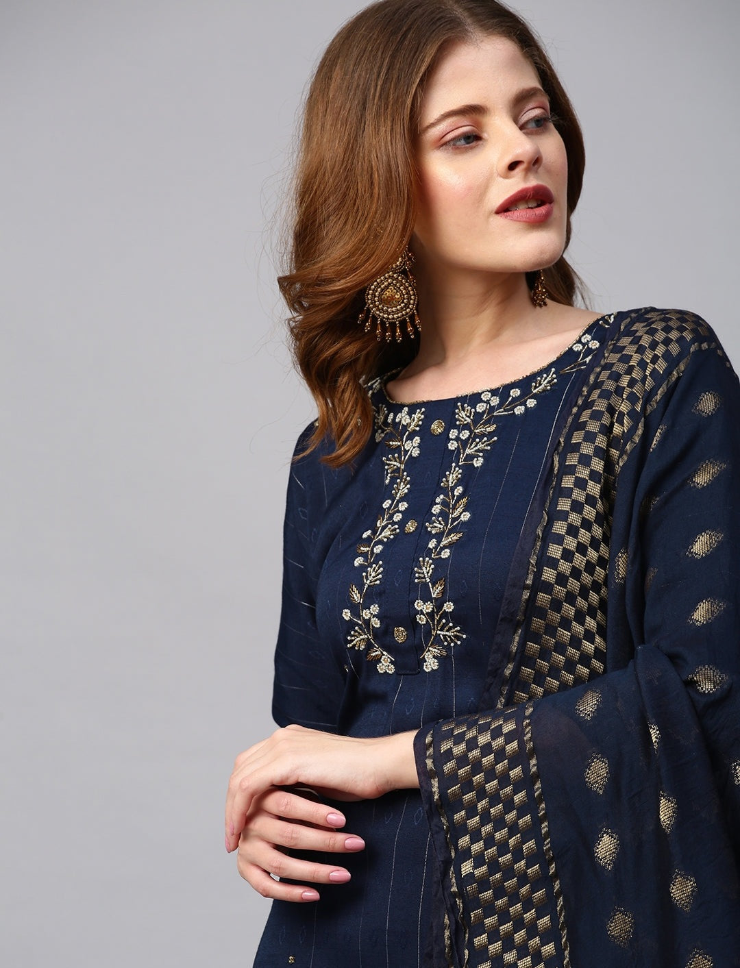 Floral Embroidered Lurex Stripes Kurta With Dupatta