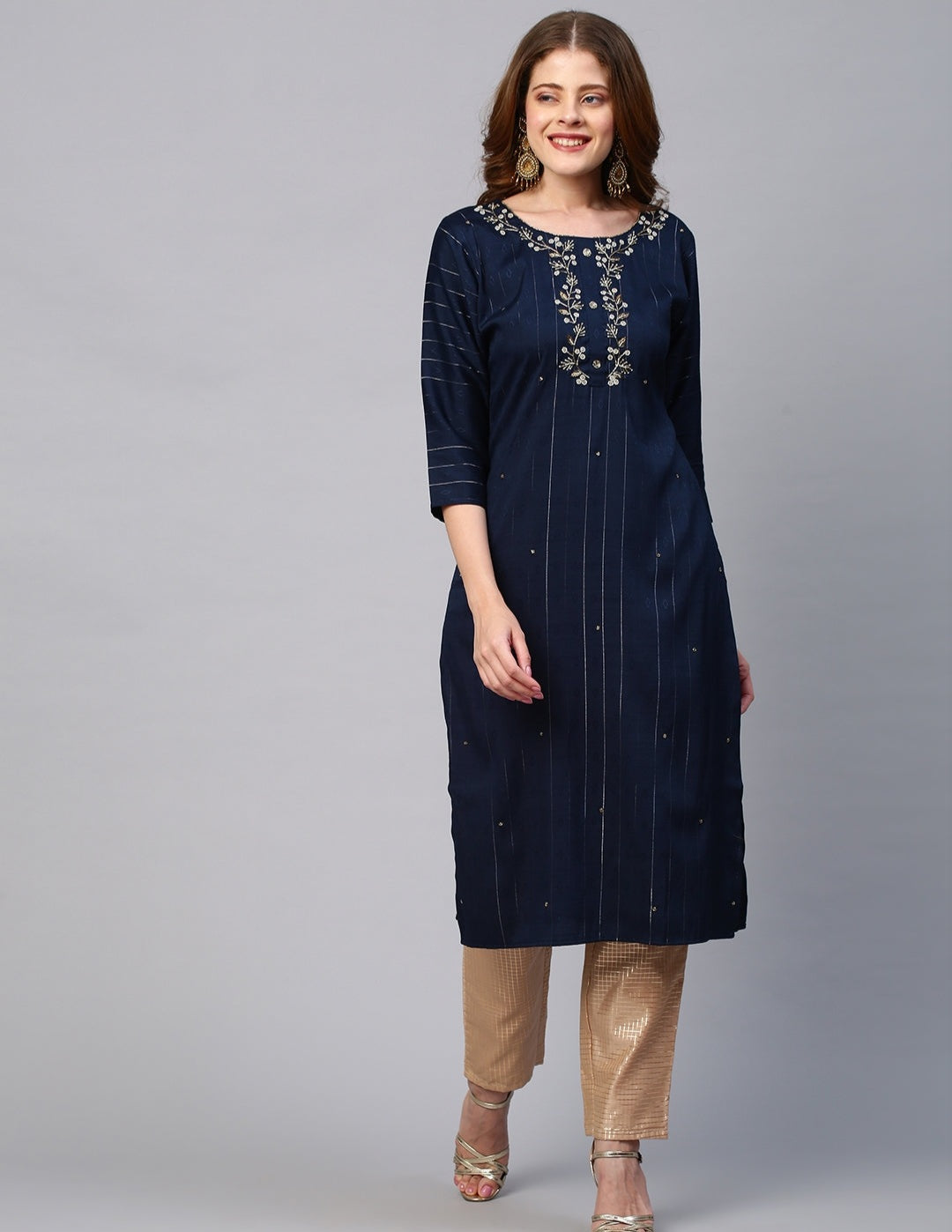 Floral Embroidered Lurex Stripes Kurta With Dupatta