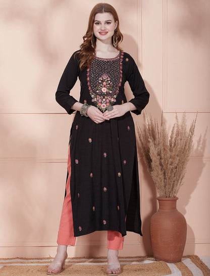 Floral Hand & Sequins Embroidered Kurta