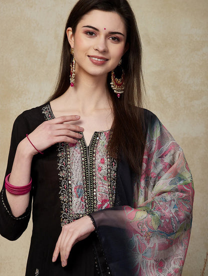 Solid Hand Floral Embroidered Straight Kurta With Pant & Printed Dupatta