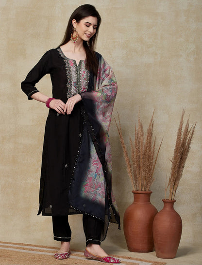 Solid Hand Floral Embroidered Straight Kurta With Pant & Printed Dupatta