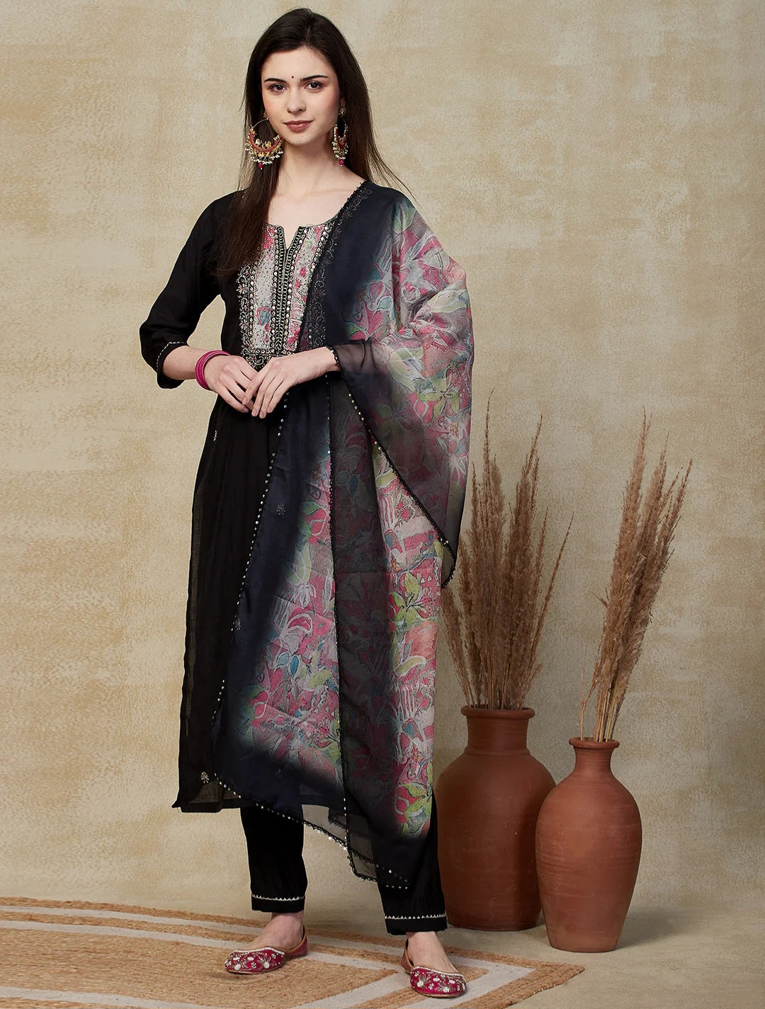 Solid Hand Floral Embroidered Straight Kurta With Pant & Printed Dupatta