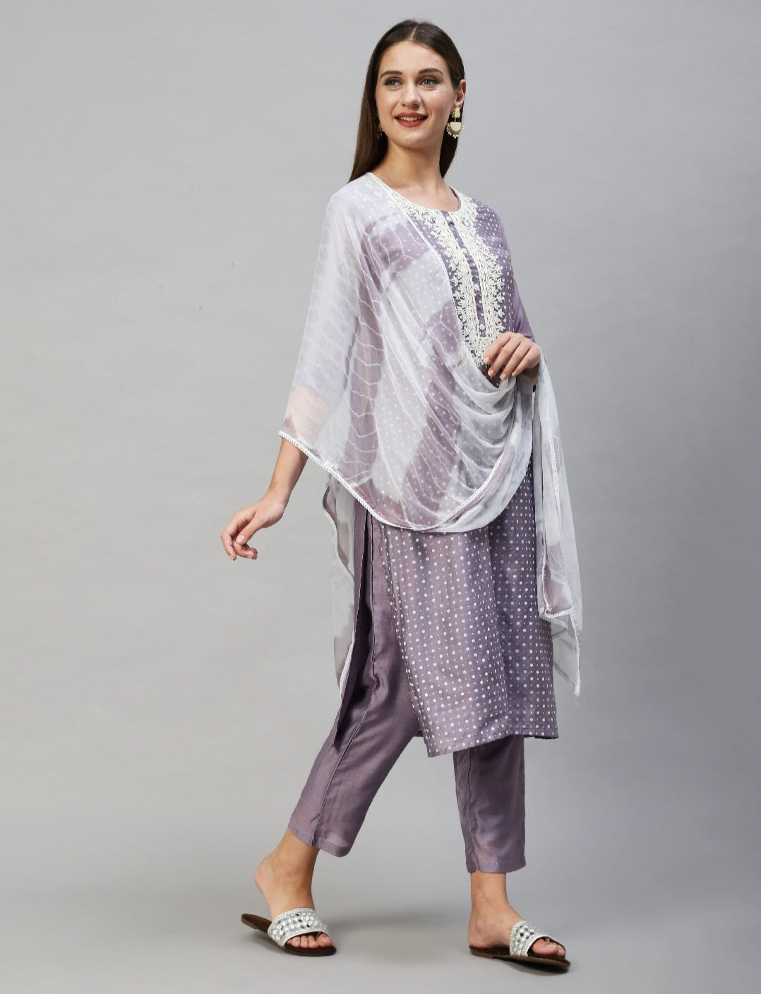 Polka Dots Printed & Hand Embroidered Kurta with Pants & Dupatta - Lavender