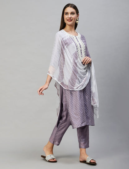 A1104 Polka Dots Printed & Hand Embroidered Suit - Lavender