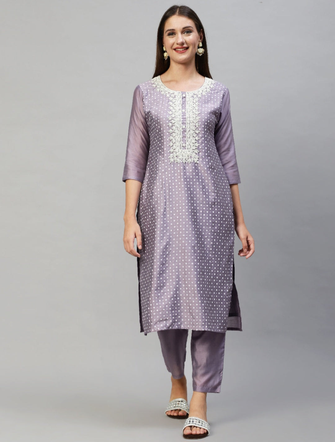 Polka Dots Printed & Hand Embroidered Kurta with Pants & Dupatta - Lavender