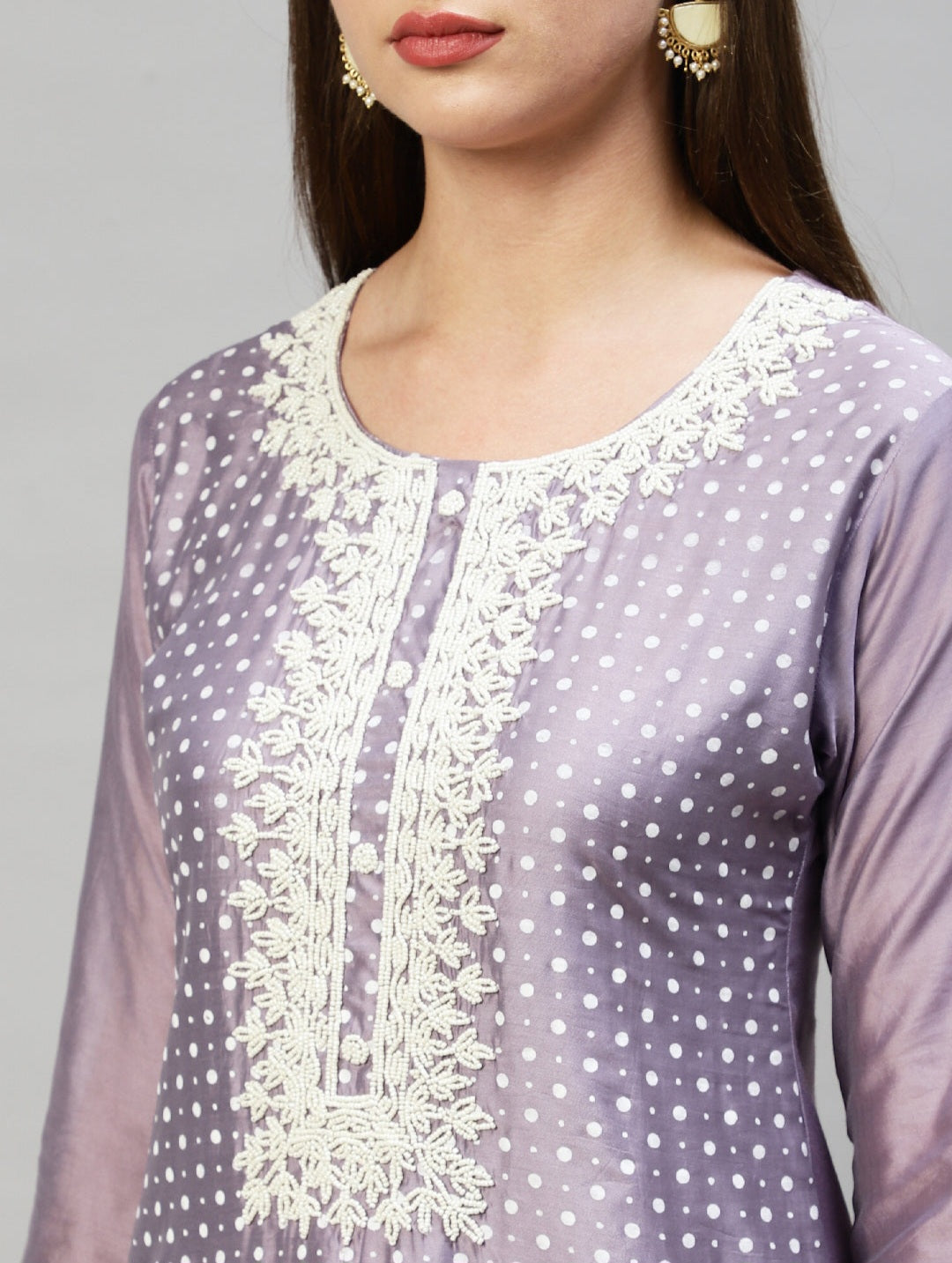 Polka Dots Printed & Hand Embroidered Kurta with Pants & Dupatta - Lavender