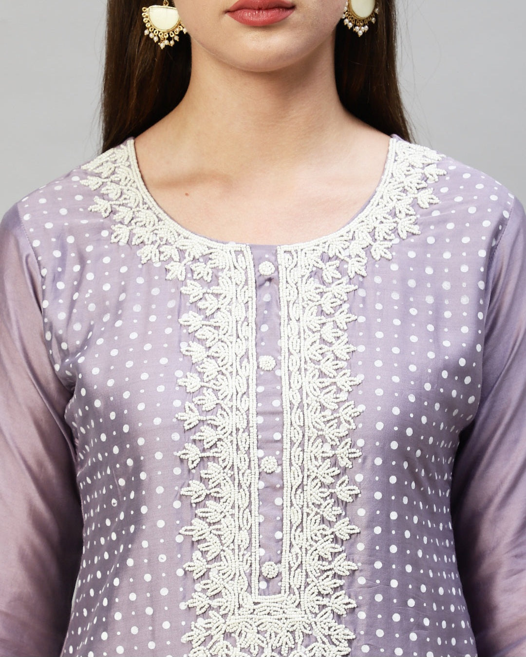 Polka Dots Printed & Hand Embroidered Kurta with Pants & Dupatta - Lavender