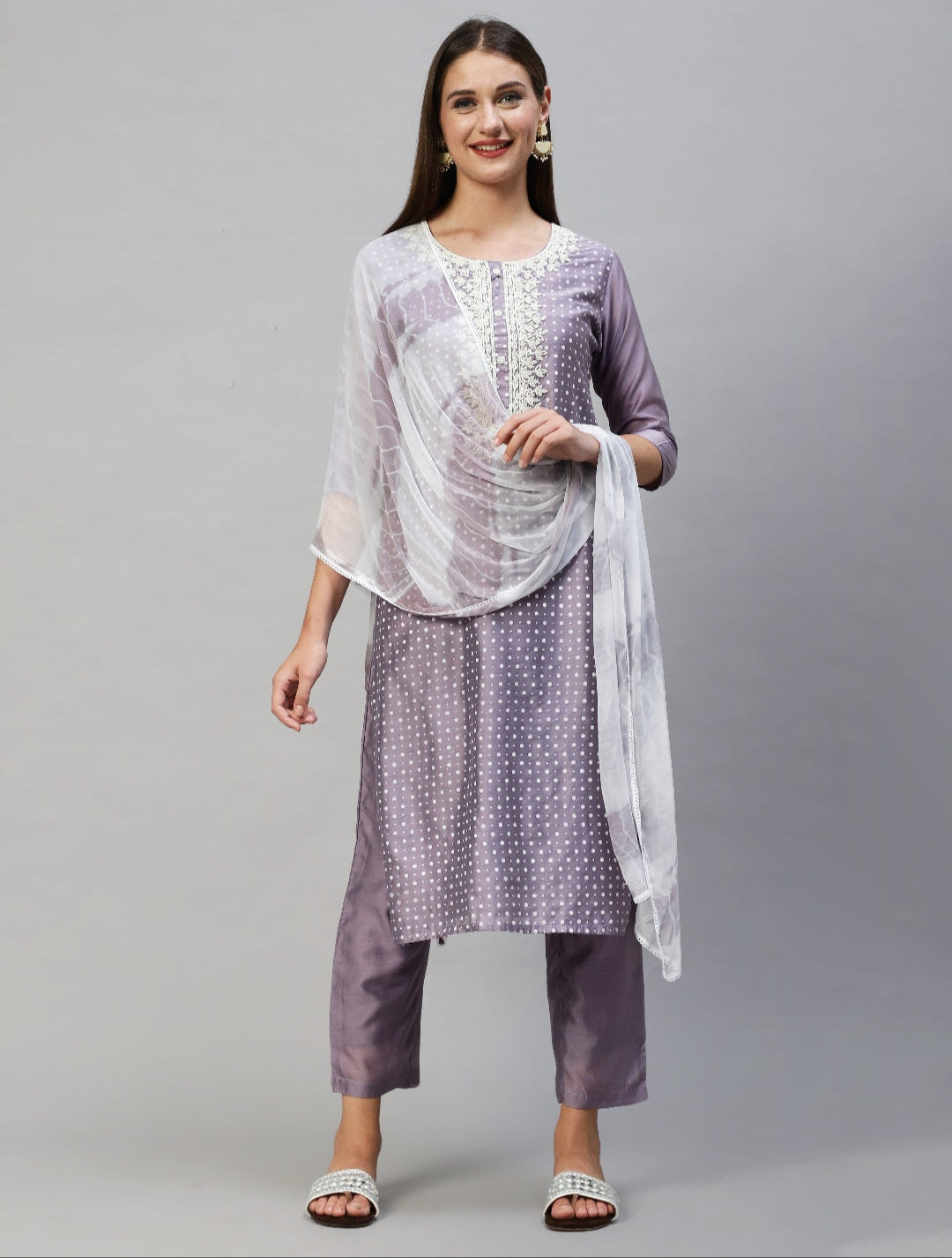 Polka Dots Printed & Hand Embroidered Kurta with Pants & Dupatta - Lavender