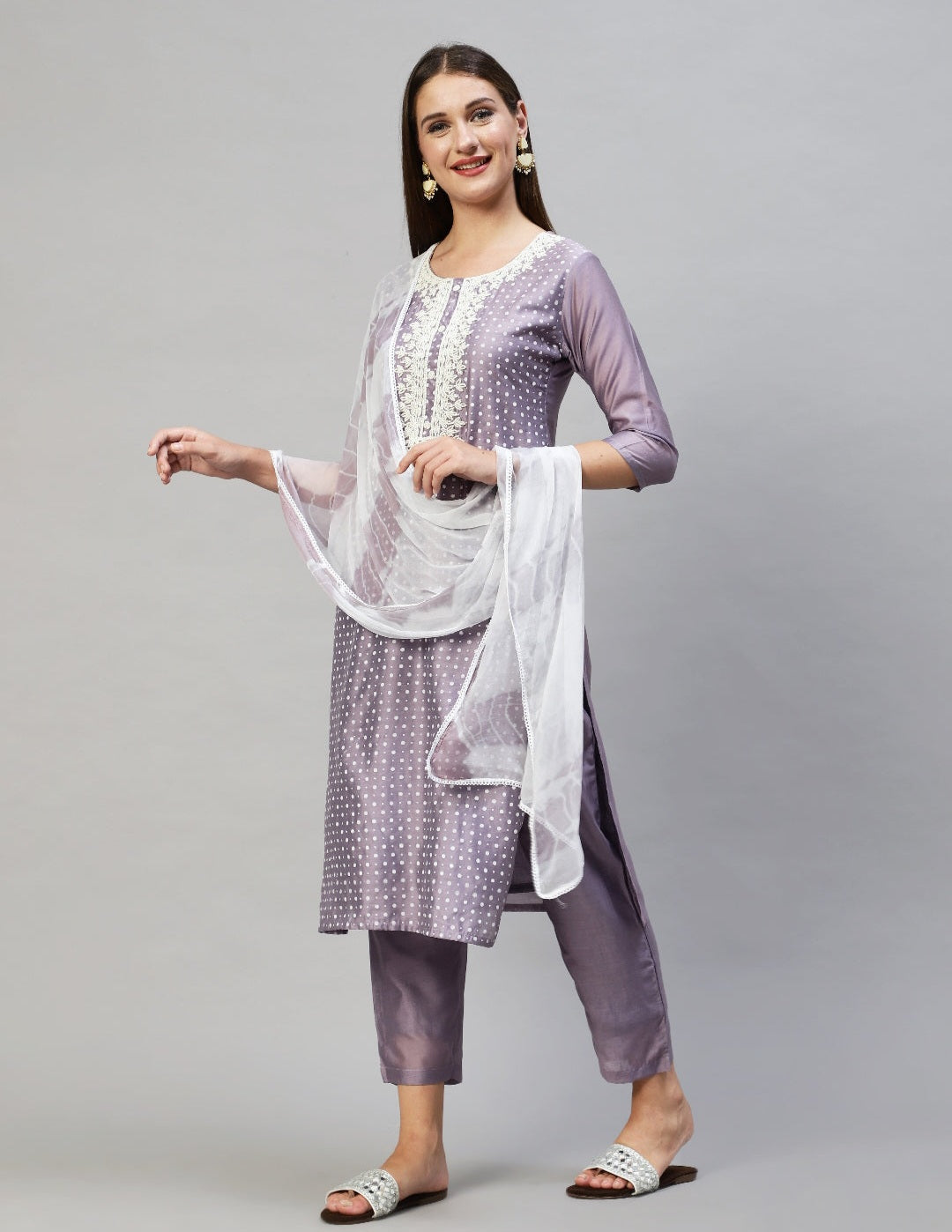 Polka Dots Printed & Hand Embroidered Kurta with Pants & Dupatta - Lavender